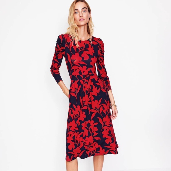 Boden Dresses & Skirts - Boden Red and Navy Floral Abstract Print Midi Soft Jersey Dress. Size 8R